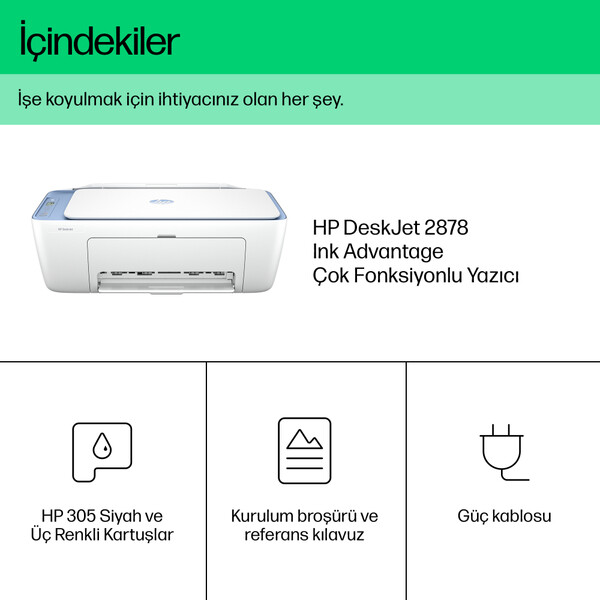 HP DeskJet 2878 Fotokopi + Tarayıcı + Wi-Fi Renkli Mürekkep Püskürtmeli Yazıcı 70S63C