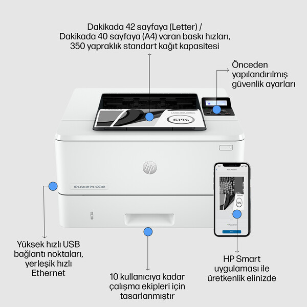 HP LaserJet Pro 4003DN Çift Taraflı Baskı Wi-Fi Lazer Yazıcı Beyaz 2Z609A