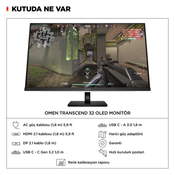 HP OMEN Transcend 31.5 inç 4K UHD QD-OLED 240Hz 0.03ms Oyuncu Monitörü 9R181E9