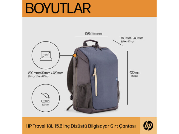 HP Travel 18 Litre 15.6 inç Sırt Çantası Mavi 6B8U7AA