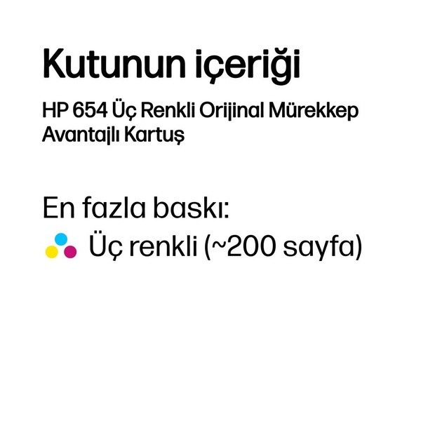 Orjinal HP 654 Üç Renkli Orijinal Mürekkep Avantajlı Kartuş 7FP38UE